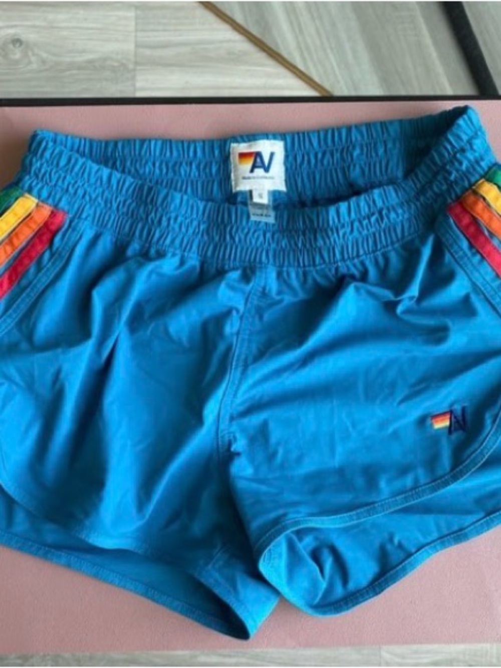 Aviator Nation Turquoise Athletic Shorts with Rainbow Stripe